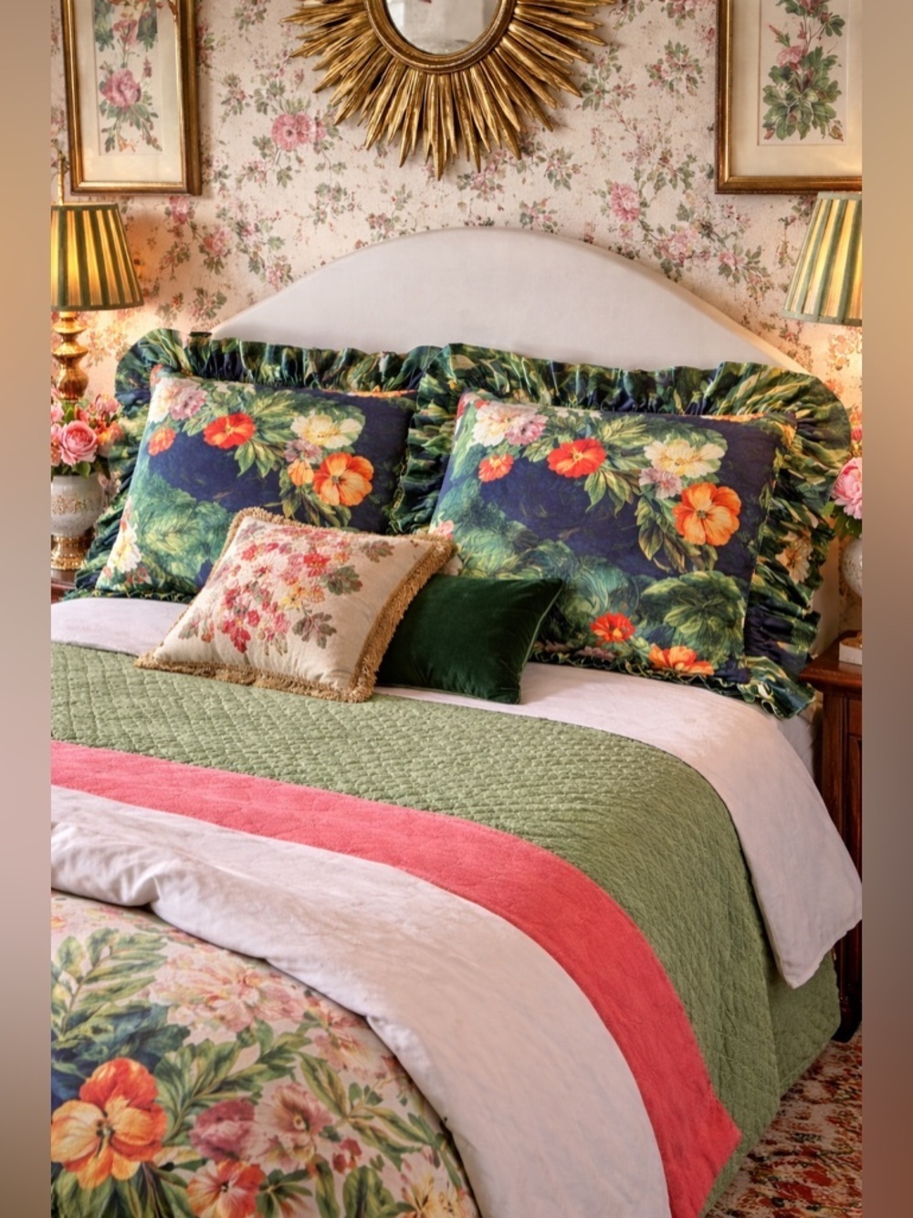 Custom Pair King Pillow Shams Italian Villa Floral Ruffle Maximalist Vintage New